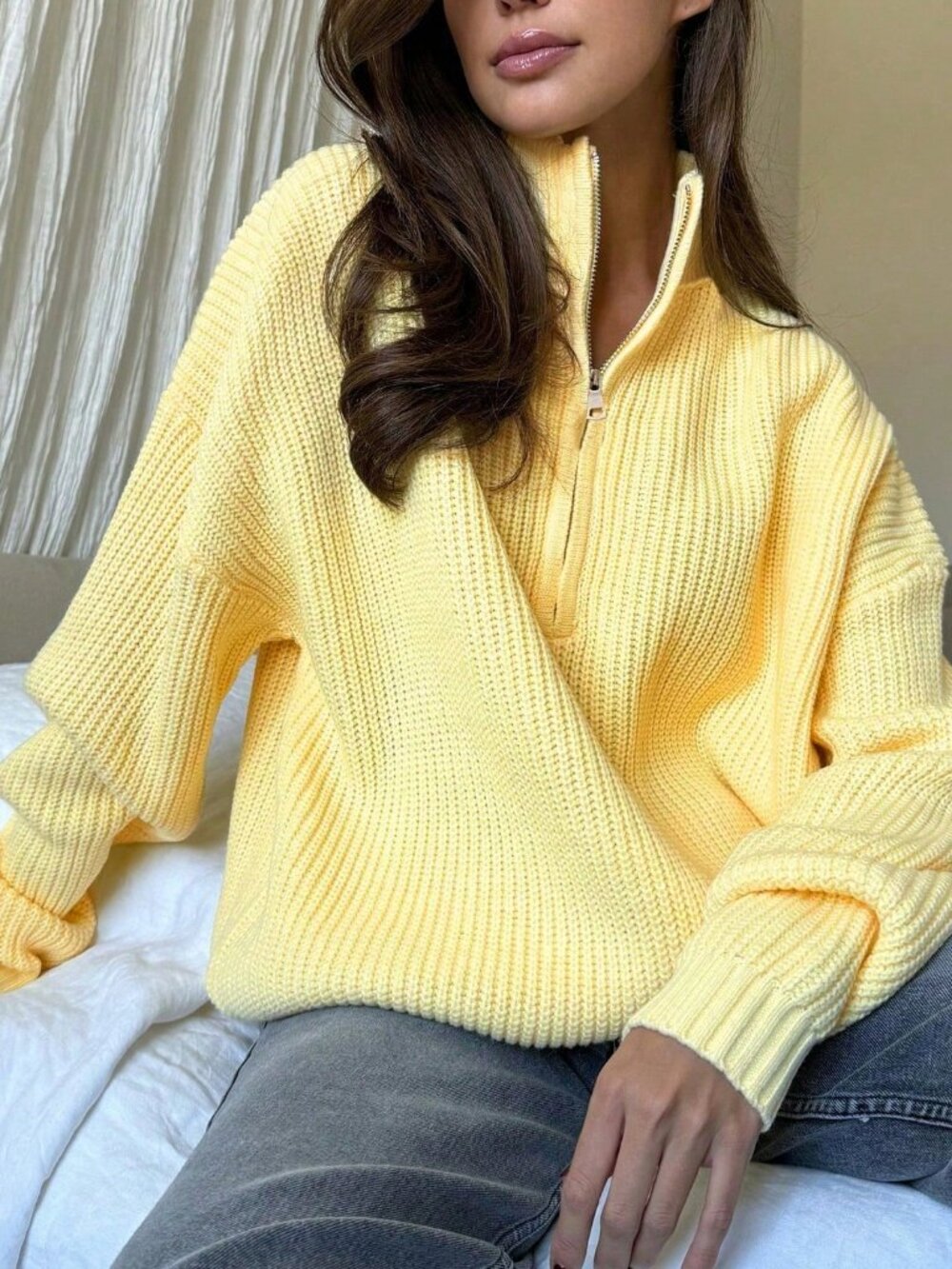 Yellow Women's Casual Stand Collar Pullover Long Sleeve Sweater